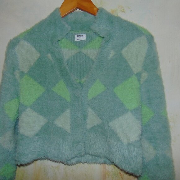 COTTON ON Super Fuzzy Soft Furry Sweater Cropped Argyle Preppy Light Academia SP - Picture 2 of 13